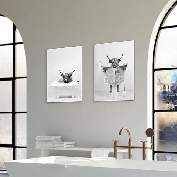 Ensemble d'accessoires de bain Highland vache peinture décor tenture murale toile photo salle de bain ornement maison photos drôle animaux peintures pour murs