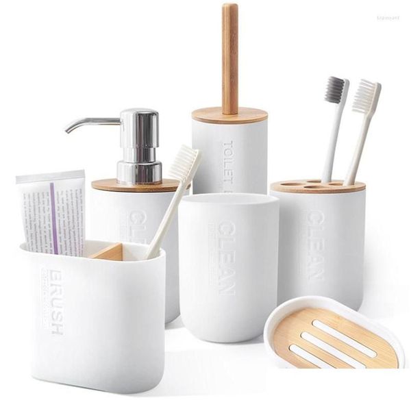 Ensemble d'accessoires de bain Articles de toilette ménagers Lotion Bouteille Brosse à dents Rince-bouche Tasse Boîte à savon Produits de salle de bain en bambou 6 pièces Drop Deliv Dhdtq