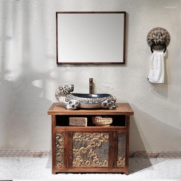 Ensemble d'accessoires de bain dans une combinaison d'armoire de salle de bain Antique chinoise, El Homestay Villa, lavabo de Table en bois massif, lavabo d'art de Style plancher