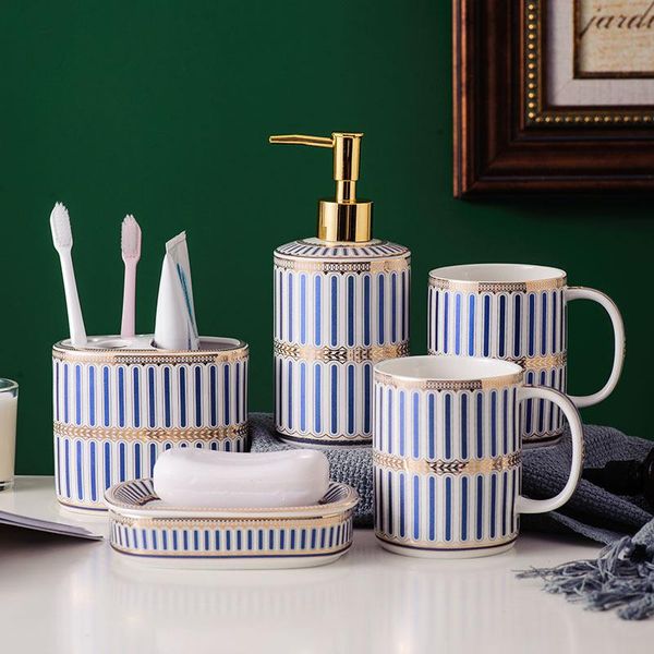 Ensemble d'accessoires de bain luxe bleu or céramique salle de bain cinq pièces fournitures distributeur de savon brossage bouche tasse plat plateau toilette