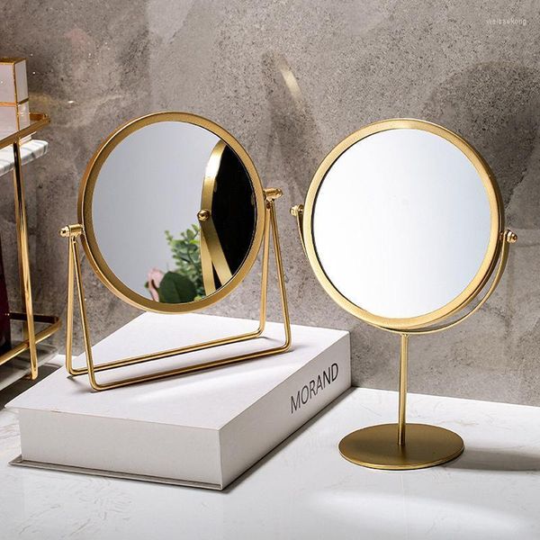 Ensemble d'accessoires de bain, miroir de maquillage lumineux de luxe rétro européen en métal doré, maison bureau carré rond dortoir