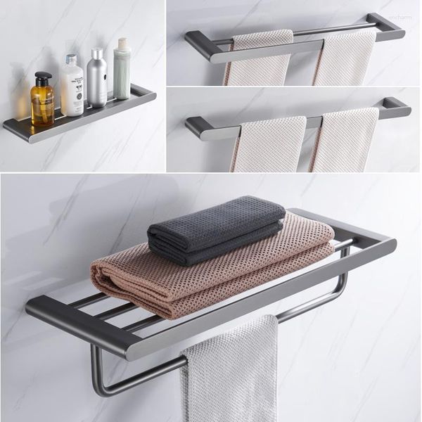 Ensemble d'accessoires de bain, porte-serviettes en métal gris, étagère de rangement à barre simple/Double, accessoires de salle de bains en acier inoxydable