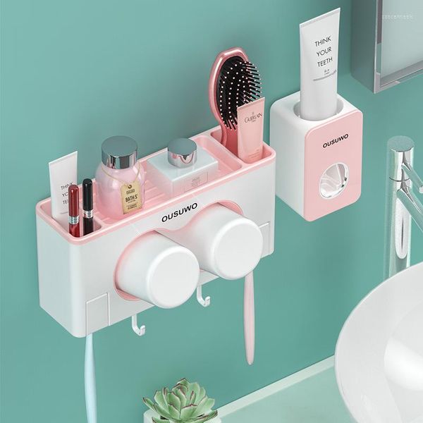 Ensemble d'accessoires de bain porte-brosse à dents multifonction distributeur automatique de dentifrice avec tasse support mural articles de toilette support de rangement salle de bain