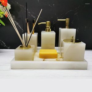 Ensemble d'accessoires de bain accessoires de salle de bain en marbre naturel pierre de jade articles sanitaires 5 pièces distributeur de savon liquide porte-brosse à dents plat