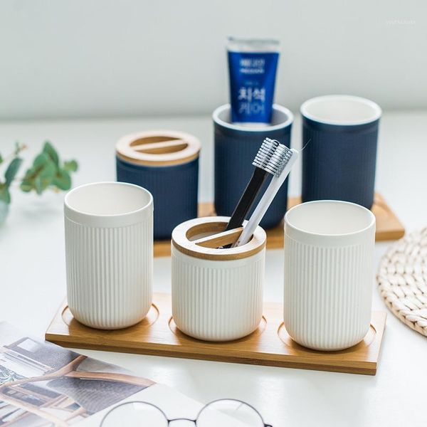 Ensemble d'accessoires de bain, brosse nordique, tasse de lavage, tasse créative familiale, porte-brosse à dents en céramique rayé noir bleu blanc1