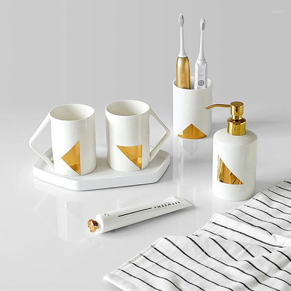 Ensemble d'accessoires de bain Style nordique en céramique rince-bouche tasse porte-brosse à dents distributeur de savon plateau de rangement accessoires de salle de bain de luxe or blanc