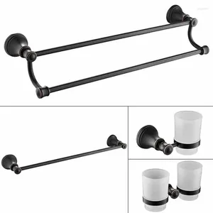 Juego de accesorios de baño, 4 piezas, bronce frotado con aceite, negro, toallero de latón macizo, soporte para taza de cepillo de dientes, accesorios de baño