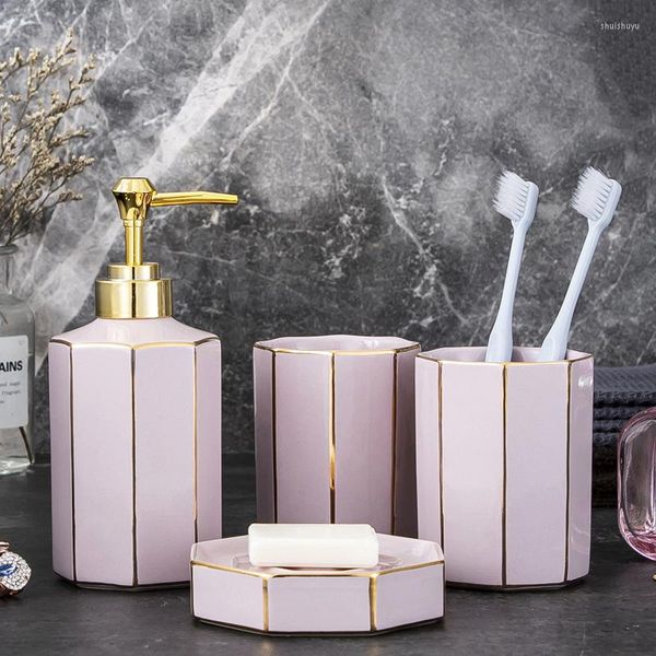 Ensemble d'accessoires de bain rose 4 pièces accessoires de salle de bain en céramique porte-brosse à dents distributeur de savon à main et organisateur de stockage de dentifrice à vaisselle