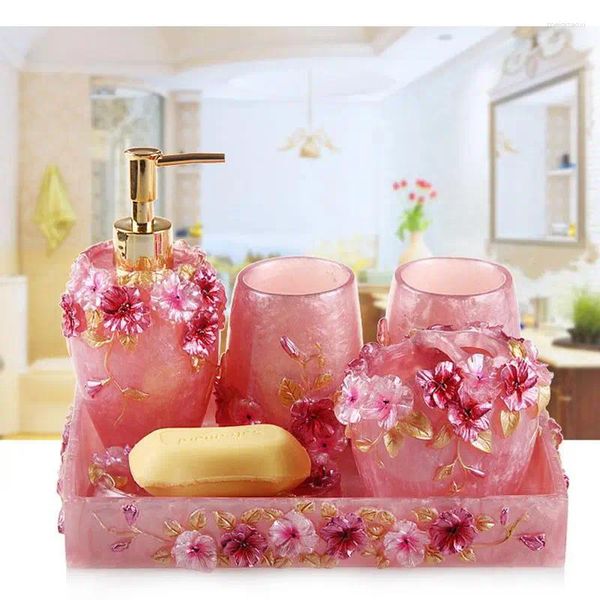 Ensemble d'accessoires de bain, Texture florale rose, distributeur de savon de salle de bains, porte-brosse à dents, tasse, plateau à vaisselle, fournitures de rangement ménagères nordiques