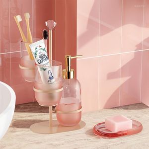 Ensemble d'accessoires de bain, Kit de salle de bains en verre givré rose, distributeur de support métallique, rangement d'équipement, bouteille de Lotion, accessoires