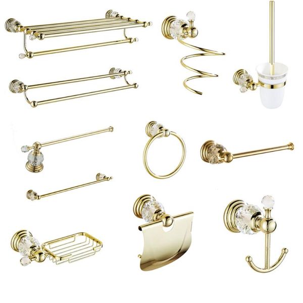 Ensemble d'accessoires de bain Accessoires de salle de bain en or poli Matériel de décoration en cristal blanc Porte-baignoire double porte-serviettes en laiton massif