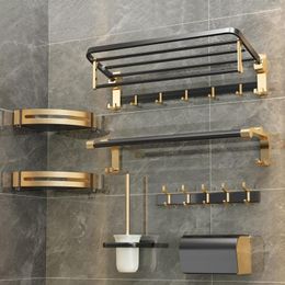 Ensemble d'accessoires de bain Porte-serviettes de salle de bain sans poinçon Ensemble de suspension en aluminium noir doré.