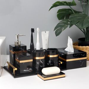 Ensemble d'accessoires de bain Résine Accessoires de salle de bain Marbre Texture Bureau Désinfectant pour les mains Distributeur de savon Showe Gel Bouteille Noir avec doré