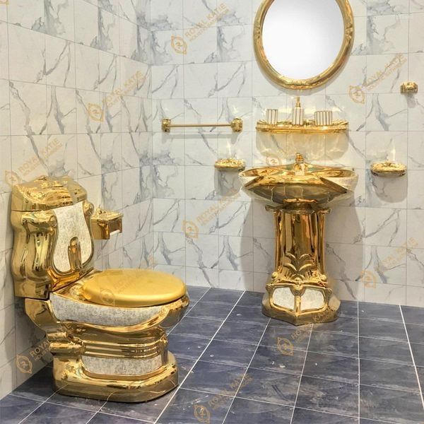 Juego de accesorios de baño Royal Vintage, color chapado en oro, artículos sanitarios para baño, inodoro de lujo y lavabo con pedestal, fregadero de cerámica dorado