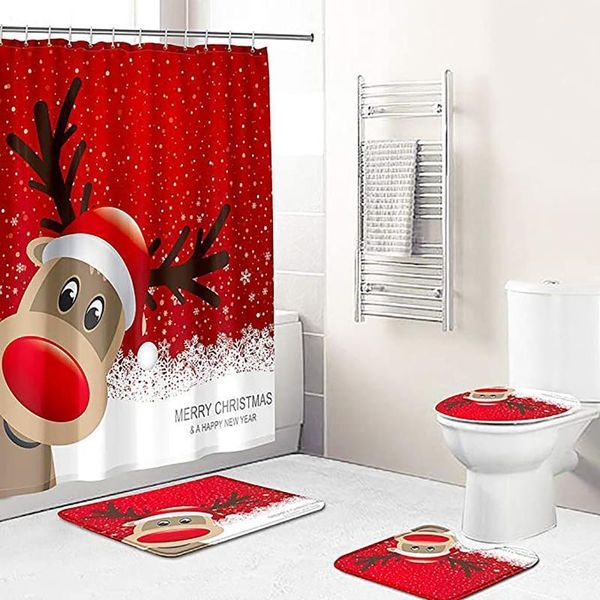 Juego de accesorios de baño, cortina de ducha con estampado de Navidad de Papá Noel, alfombrilla para baño, 4 Uds., fiesta de vacaciones, tapa para el hogar, alfombra, cubierta de asiento, decoración