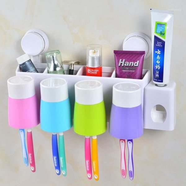 Ensemble d'accessoires de bain mur créatif sans couture avec quatre porte-brosse à dents à double ventouse ensembles distributeur automatique de dentifrice Cups1
