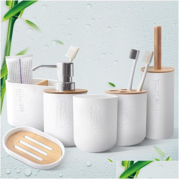 Ensemble d'accessoires de bain Porte-brosse à dents Porte-brosse à dents moderne Fourniture de salle de ménage Gel douche Plat Distributeur de savon en bambou Rack Tasse Accessoires de salle de bain DH9Bj