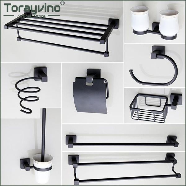Ensemble d'accessoires de bain Torayvino accessoires de salle de bain noir mat crochet porte-serviettes barre étagère porte-papier de soie brosse à dents matériel