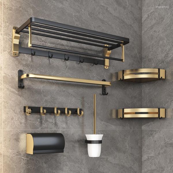 Ensemble d'accessoires de bain, porte-serviettes, lumière de poinçon gratuite, luxe, espace noir et or, salle de bains en aluminium, tige pliante, pendentif de toilette