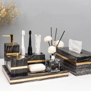 Ensemble d'accessoires de bain, arbre en marbre naturel noir, accessoires de salle de bains, distributeur de savon de luxe en or, bouteille porte-brosse à dents