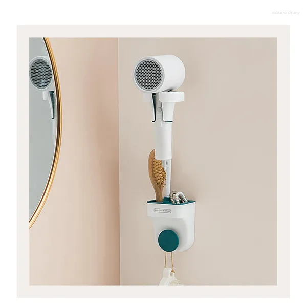 Ensemble d'accessoires de bain universel pour support de sèche-cheveux support mural mains libres support de sèche-cheveux rotation à 360 degrés étagères de salle de bain
