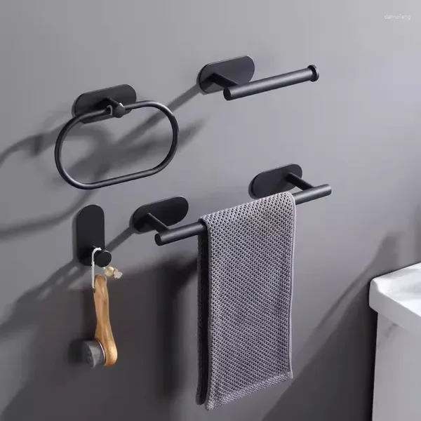 Juego de accesorios para baño, soporte para papel higiénico de montaje en pared, adhesivo negro, soporte para rollo de cocina, servilleteros/toalleros, accesorios de baño