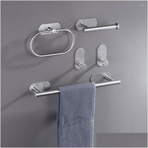 Ensemble d'accessoires de bain Porte-serviettes de salle de bain mural Porte-serviettes en acier inoxydable Porte-manteau Cintre de toilette Poinçon auto-adhésif Sier Drop D Otnzr