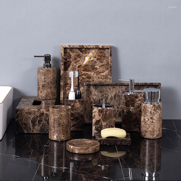 Juego de accesorios de baño Venta al por mayor Emperador personalizado Baño de piedra de mármol natural oscuro Soporte para cepillo de dientes de color marrón oscuro Kit dispensador de jabonera