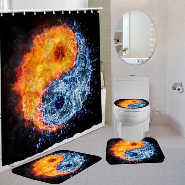 Juego de accesorios de baño con estampado de Yin y Yang, 4 piezas, impermeable, con gancho, alfombras antideslizantes, alfombra, cortina, alfombra de poliéster, alfombrillas personalizadas