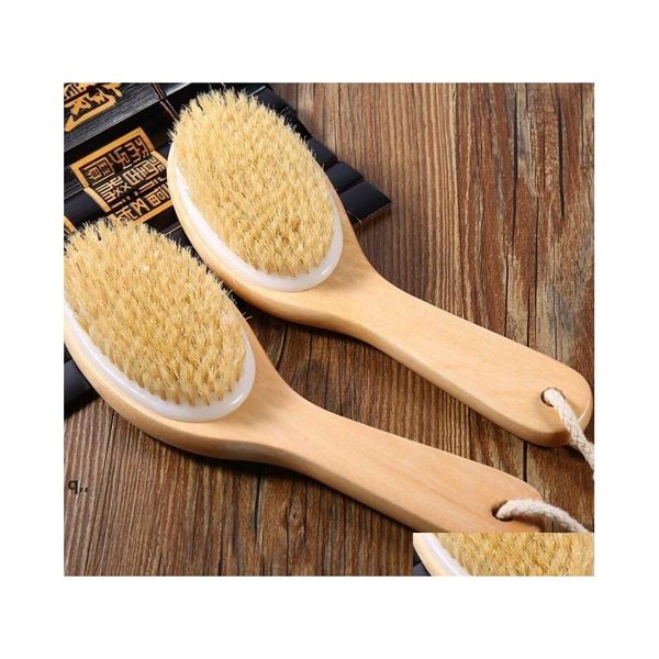 Brosses de bain Éponges Épurateurs 100 Brosse pour le corps en poils de sanglier naturels avec manche en bois profilé exfolie le nettoyage de la peau sèche Rra1 Otvi6