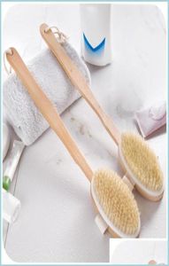 Brosses de bain Éponges Épurateurs Corps de salle de bain Long manche Poils naturels Exfoliant Masr avec brossage à sec en bois Sh Dhvr89835740