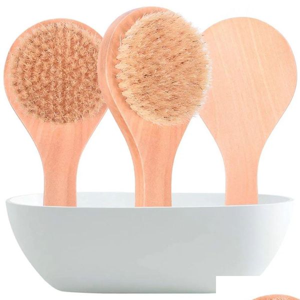 Cepillos de baño Esponjas Fregadores DHS 100 piezas Cepillo de cuerpo seco Depurador de espalda Antideslizante Mango de madera corto Cerdas naturales Ducha Exfo Dhcyi