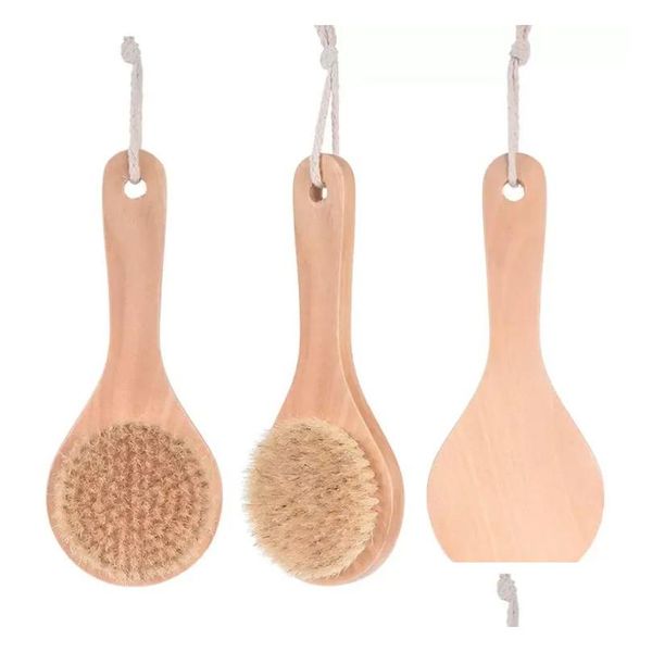 Brosses de bain Éponges Épurateurs Brosse sèche pour le corps Épurateur arrière Anti-dérapant Manche en bois court Poils naturels Douche Exfoliant Mas Otrdw