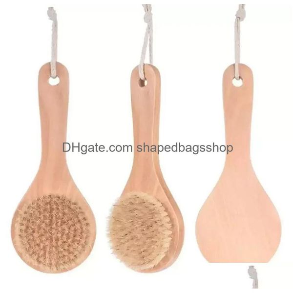 Cepillos de baño, esponjas depuradores Cepillo corporal de piel seca con mango corto de madera Cerdas de jabalí Depurador de ducha Exfoliante Masr Fy5312 D Dhfle