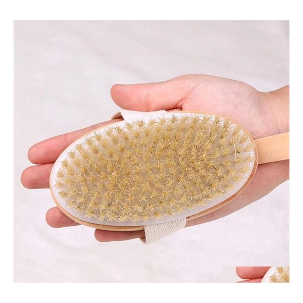 Cepillos de baño Esponjas Depuradores Piel seca Cuerpo Ducha Cerdas Cepillo suave Exfoliante Bodys Limpieza Masr Con mango largo de madera Bat Dhhmz