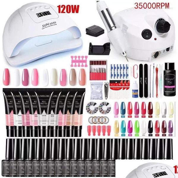 Cepillos de baño Esponjas Depuradores Kits de arte de uñas 2023 Juego de manicura para extensiones Gel Polaco Construcción rápida Polygels con lámpara LED Uv T Dhfgh