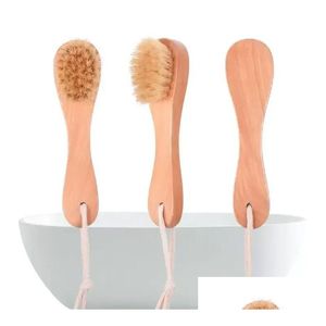 Brosses de bain Éponges Épurateurs Poils de sanglier naturels Spa Brosse pour le visage avec manche en bois Supprimer les points noirs Frotter les gouttes d'ongles Deliv Dhxip