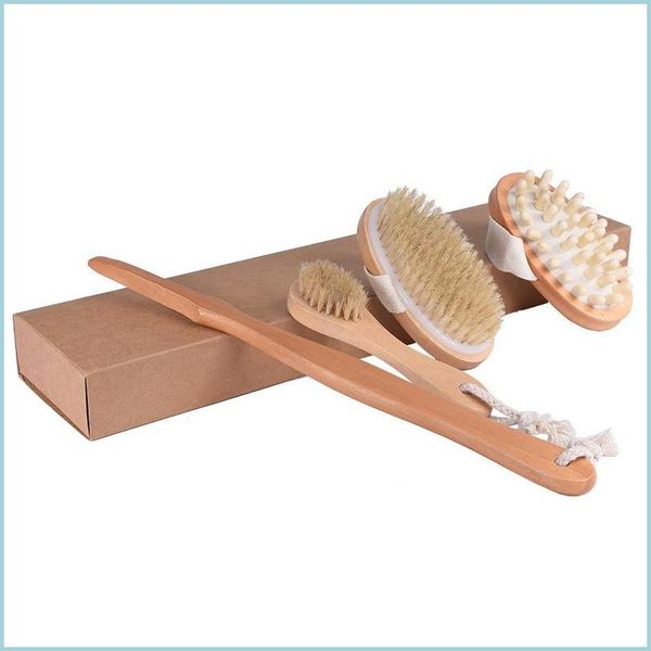 Cepillos de baño Esponjas Depuradores Cerdas de jabalí natural Cepillo corporal Exfoliante Juego de espalda con secado facial Eliminar piel muerta 3 Unids / set Dr Dhneh