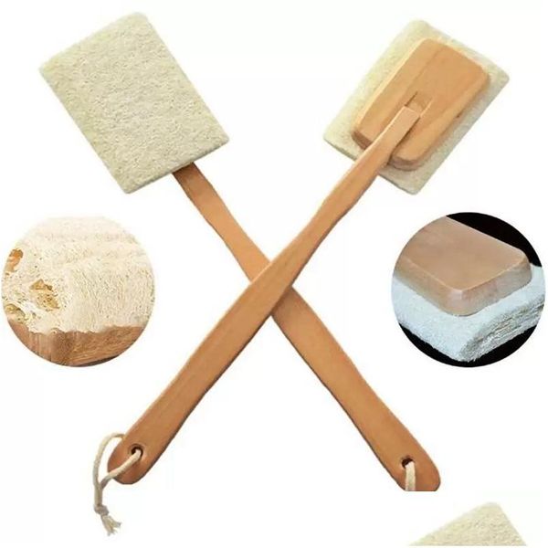 Brosses de bain Éponges Épurateurs Brosse de luffa naturelle Exfoliante Épurateur de corps de peau morte avec long manche en bois amovible Retour 0 Dhwdb