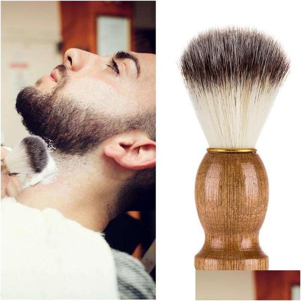 Brosses de bain Éponges Épurateurs Manche en bois naturel Brosse à barbe Hommes Rasage Nettoyage doux Nylon Soins du visage Outils de beauté June26 Dr Dhpjv