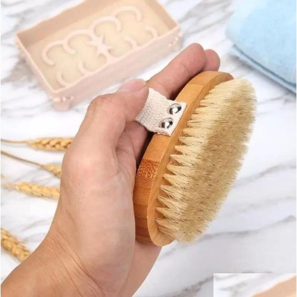 Brosses de bain, Éponges Épurateurs Nouveau Corps Brosse Bain Naturel Poils de Sanglier Organique Peau Sèche Bambou Wet Back Douche Brosses Exfoliant Dhbu3