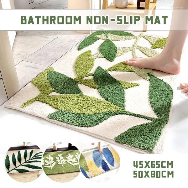 Alfombras de baño 2024 Minimalista moderno Hoja verde Flocado Alfombra de baño engrosada Antideslizante Microfibra absorbente Dormitorio Alfombra Hogar Pie