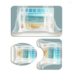 Tapis de bain 3 en 1 fenêtre plage impression motif tapis de salle de bain ensemble anti-dérapant salle de bain tapis siège de toilette couvercle pour la maison El (SY267)