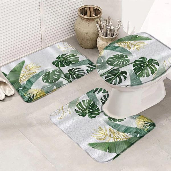 Alfombras de baño 3 PCS Hojas de palma Cortina de ducha Conjunto Acuarela Flor Hoja Verde Planta Árbol Verano Moderno Mat Blanco Cubierta de inodoro