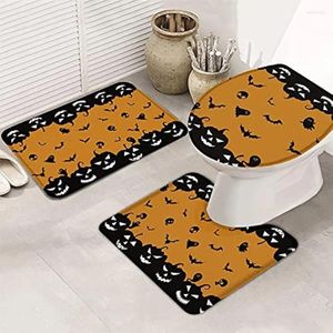 Alfombrillas de baño con alfombras de baño de 3 piezas Conjuntos de alfombra sin deslizamiento ultra suave cubierta de tapa de la tapa feliz Halloween mueca de calabaza con murciélago