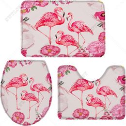 Badmatten 3-delige mat badkameraccessoires aquarel flamingo en bloemen set vloerkleed traagschuim