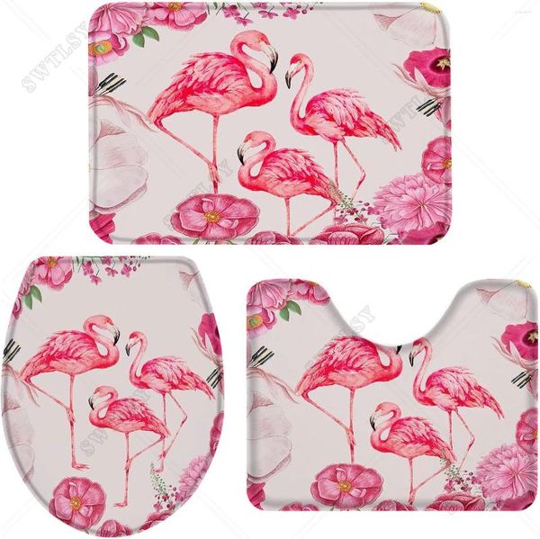 Tapis de bain 3 pièces, accessoires de salle de bain, ensemble de flamants roses et de fleurs, tapis en mousse à mémoire de forme