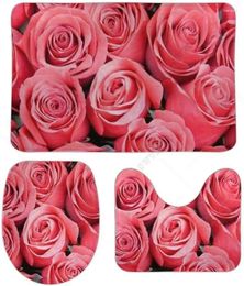 Tapis de bain 3 pièces ensemble de tapis de salle de bain antidérapant grandes roses roses contour floral couvercle de toilette couverture de baignoire tapis de douche paillasson de sol