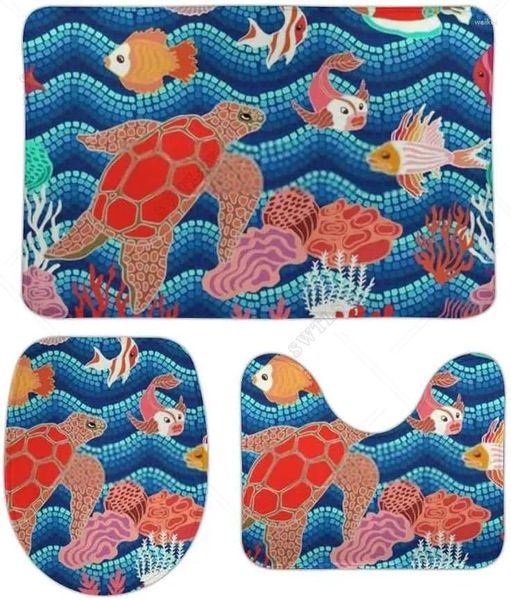 Tapis de bain 3 pièces ensemble de tapis de salle de bain antidérapant poissons coraux bleu ondulé mosaïque Contour couvercle de toilette couverture baignoire tapis de douche sols