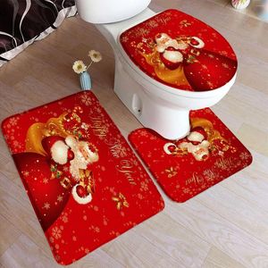Badmatten 3 stuks Kerstmat Set Santa Claus Geschenk rood Jaar Toiletdeksel Cover Foot Tapijt niet-slip badkamer accessoire deurmat